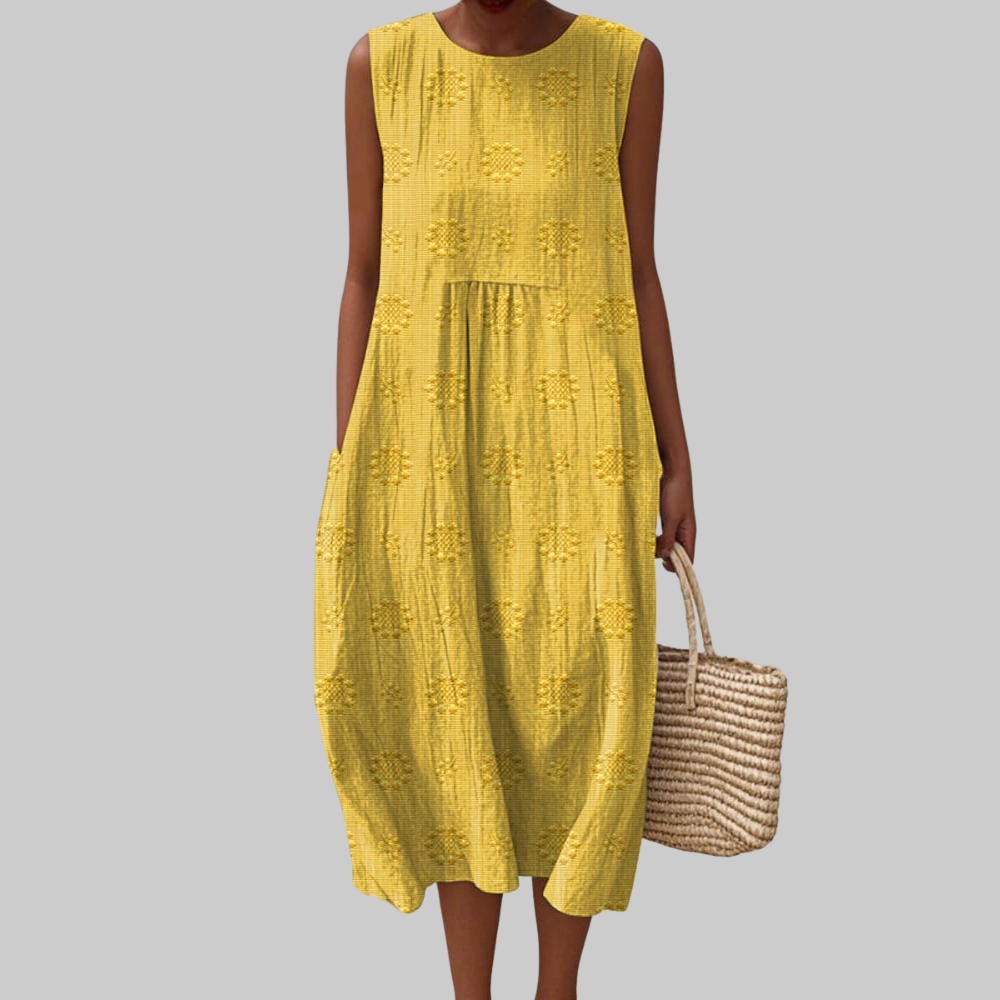Trisha Vestido Midi Mujer – Vestido Sin Mangas de Algodón con Bolsillos & Bordado Floral