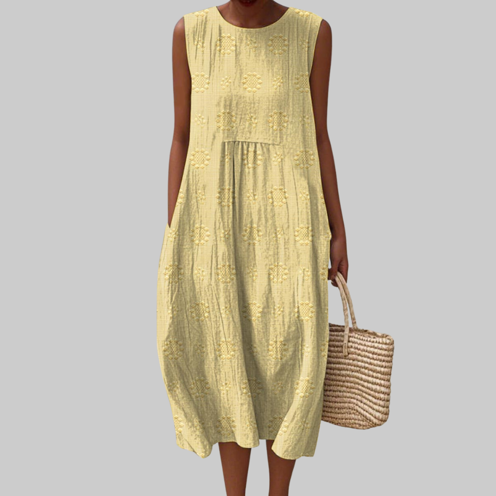 Trisha Vestido Midi Mujer – Vestido Sin Mangas de Algodón con Bolsillos & Bordado Floral