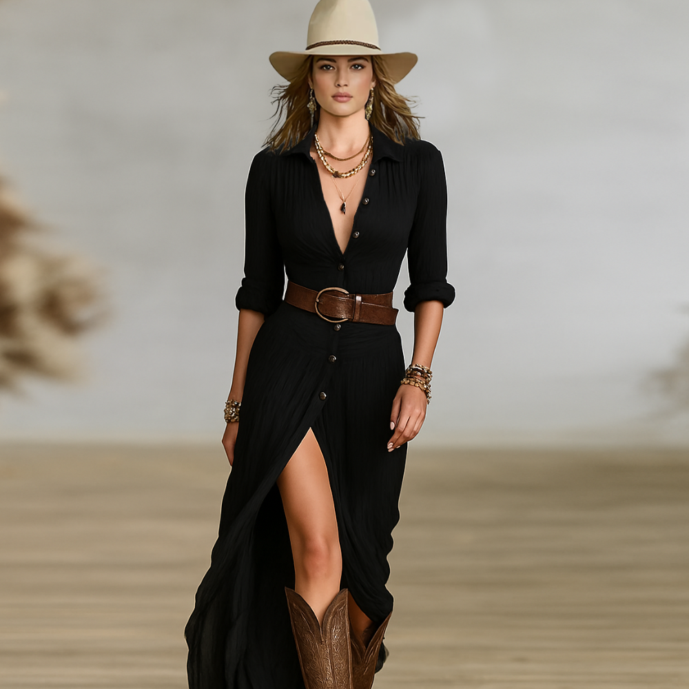 Amelle Vestido Largo Mujer – Cuello con Solapa, Maxi Plisado & Vestido Elegante Casual