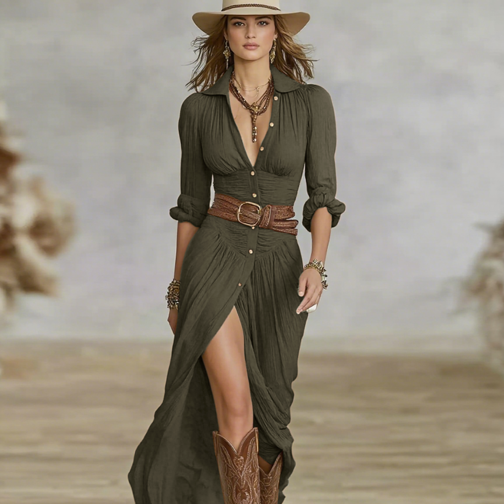 Amelle Vestido Largo Mujer – Cuello con Solapa, Maxi Plisado & Vestido Elegante Casual