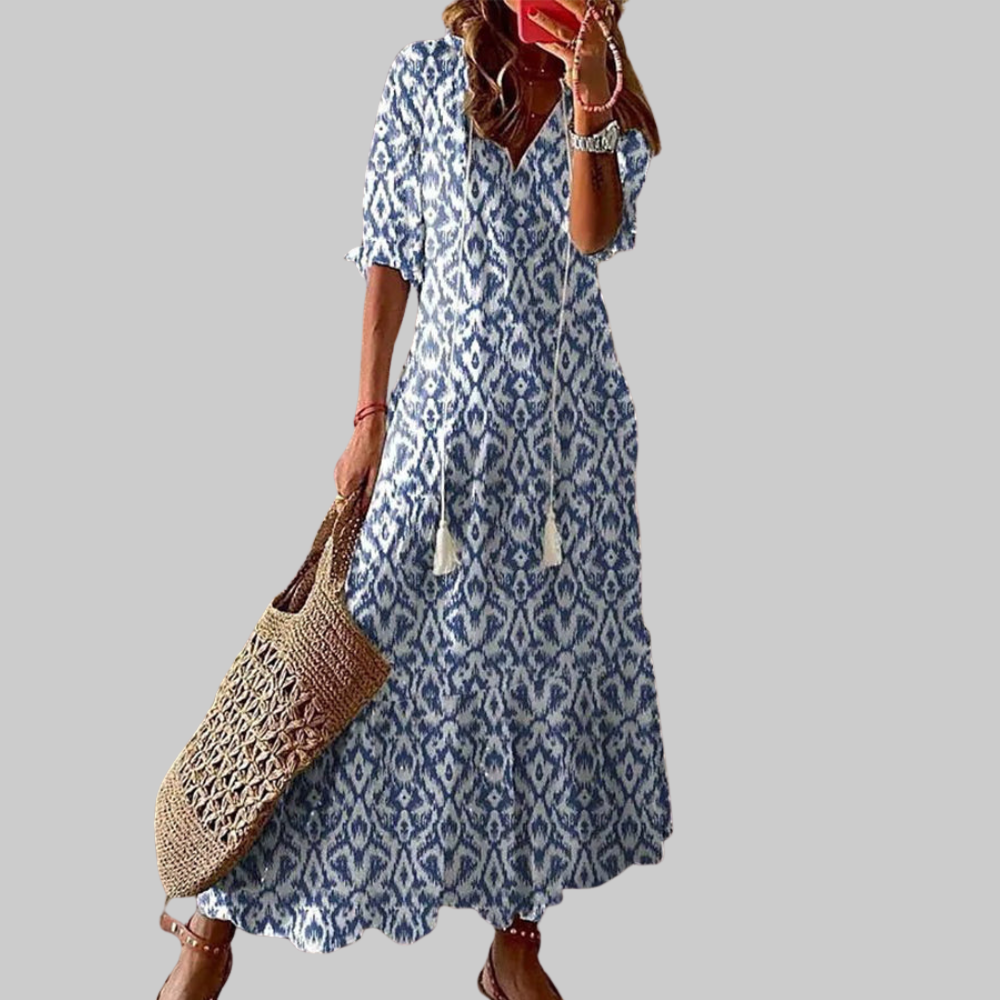 Zarya Robe Boho Femme – Maxi Robe Fluide avec Col V & Coupe Souple