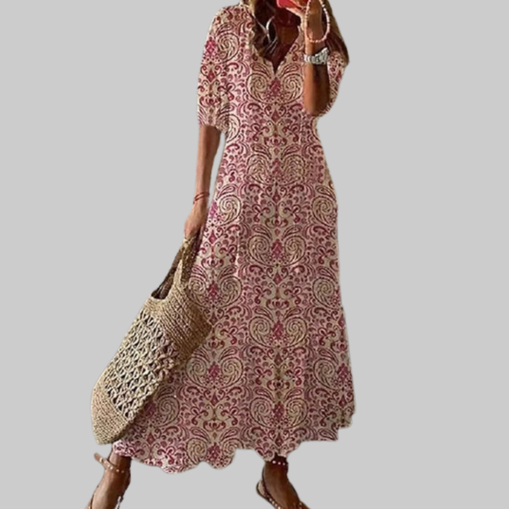 Zarya Robe Boho Femme – Maxi Robe Fluide avec Col V & Coupe Souple