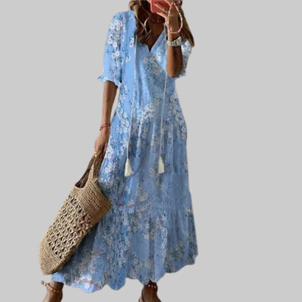 Zarya Robe Boho Femme – Maxi Robe Fluide avec Col V & Coupe Souple