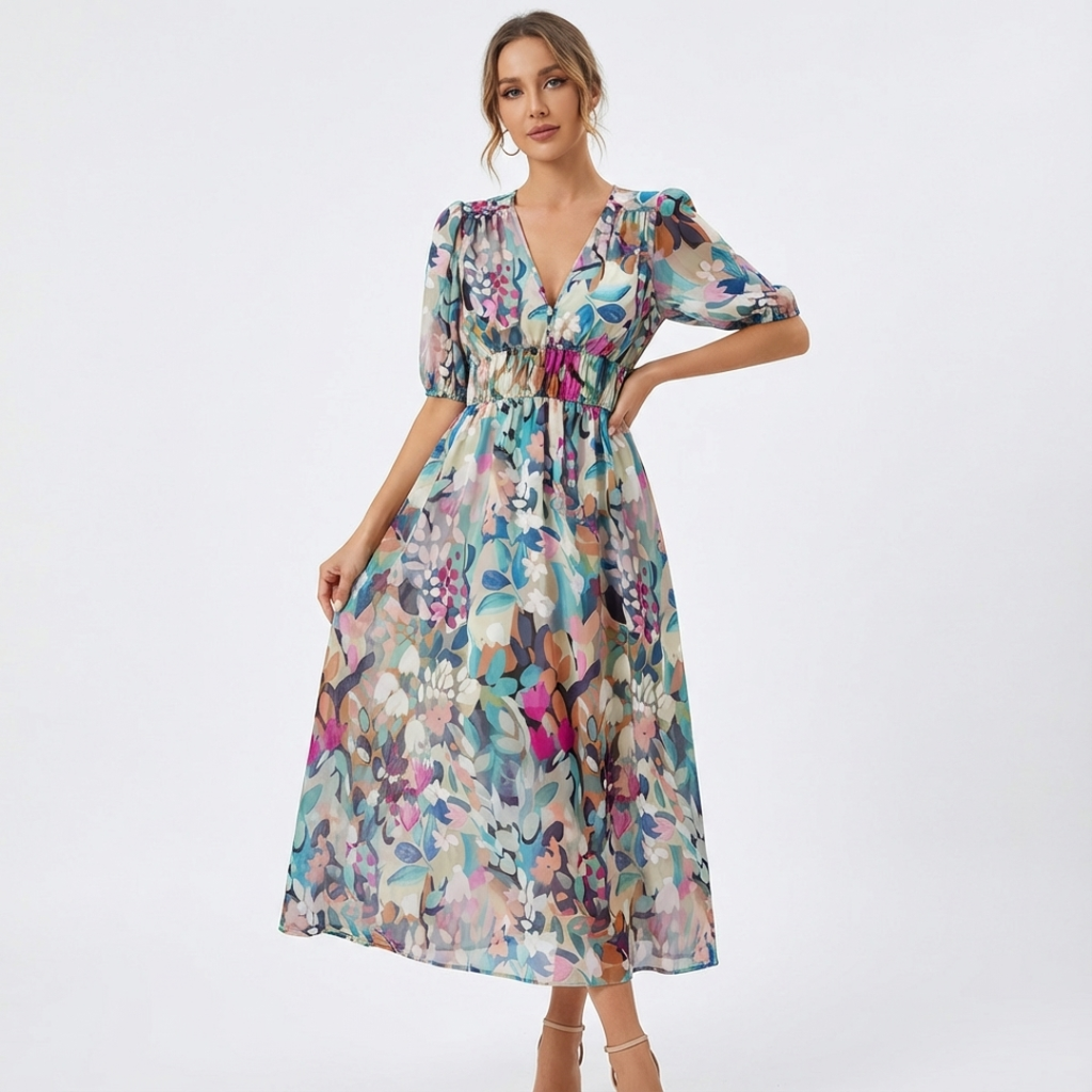 Noana Robe Femme Midi Florale – Robe Col V, Taille Élastiquée, Élégante Décontractée