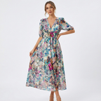 Noana Robe Femme Midi Florale – Robe Col V, Taille Élastiquée, Élégante Décontractée