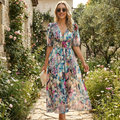Noana Robe Femme Midi Florale – Robe Col V, Taille Élastiquée, Élégante Décontractée