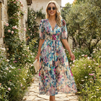 Noana Robe Femme Midi Florale – Robe Col V, Taille Élastiquée, Élégante Décontractée