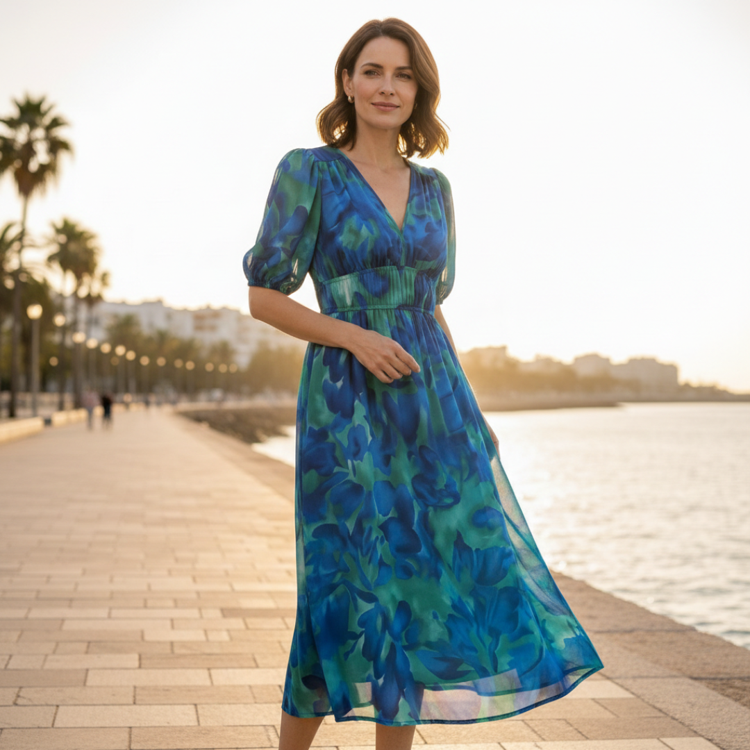 Noana Vestido Mujer Midi Floral – Vestido Escote en V, Cintura Elástica, Elegante Casual