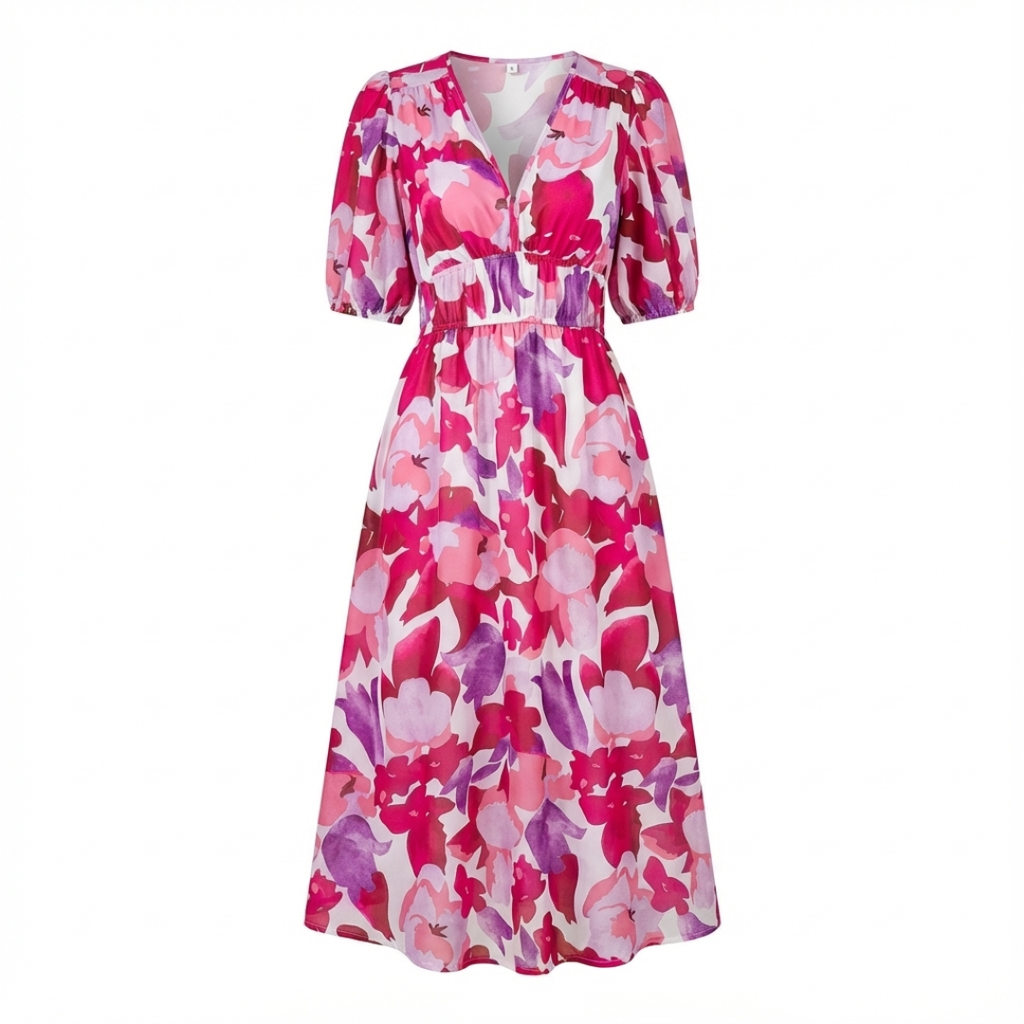 Noana Robe Femme Midi Florale – Robe Col V, Taille Élastiquée, Élégante Décontractée