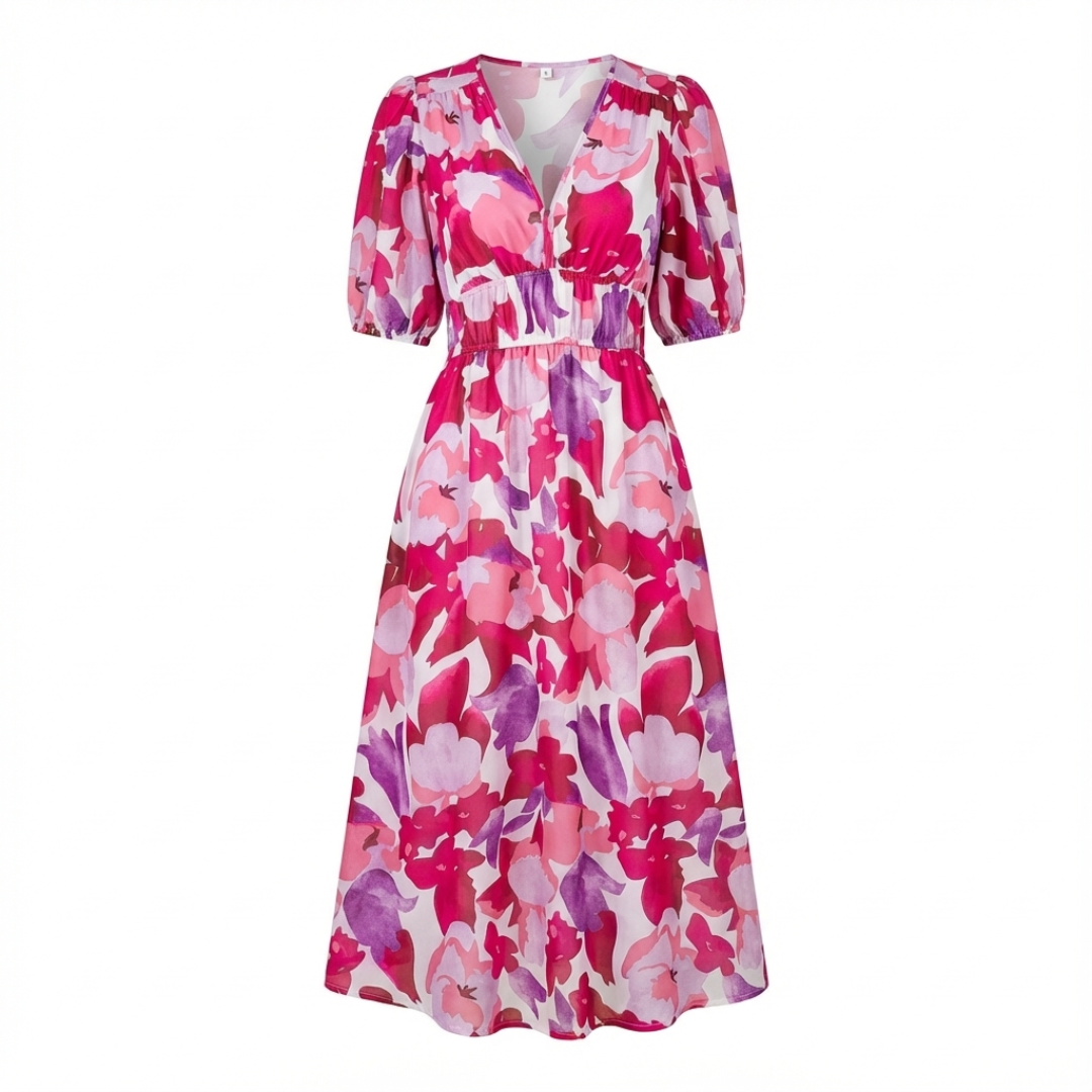 Noana Robe Femme Midi Florale – Robe Col V, Taille Élastiquée, Élégante Décontractée