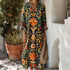 Robe en lin vintage Hilda pour femme – Robe midi à imprimé géométrique, légère élégante