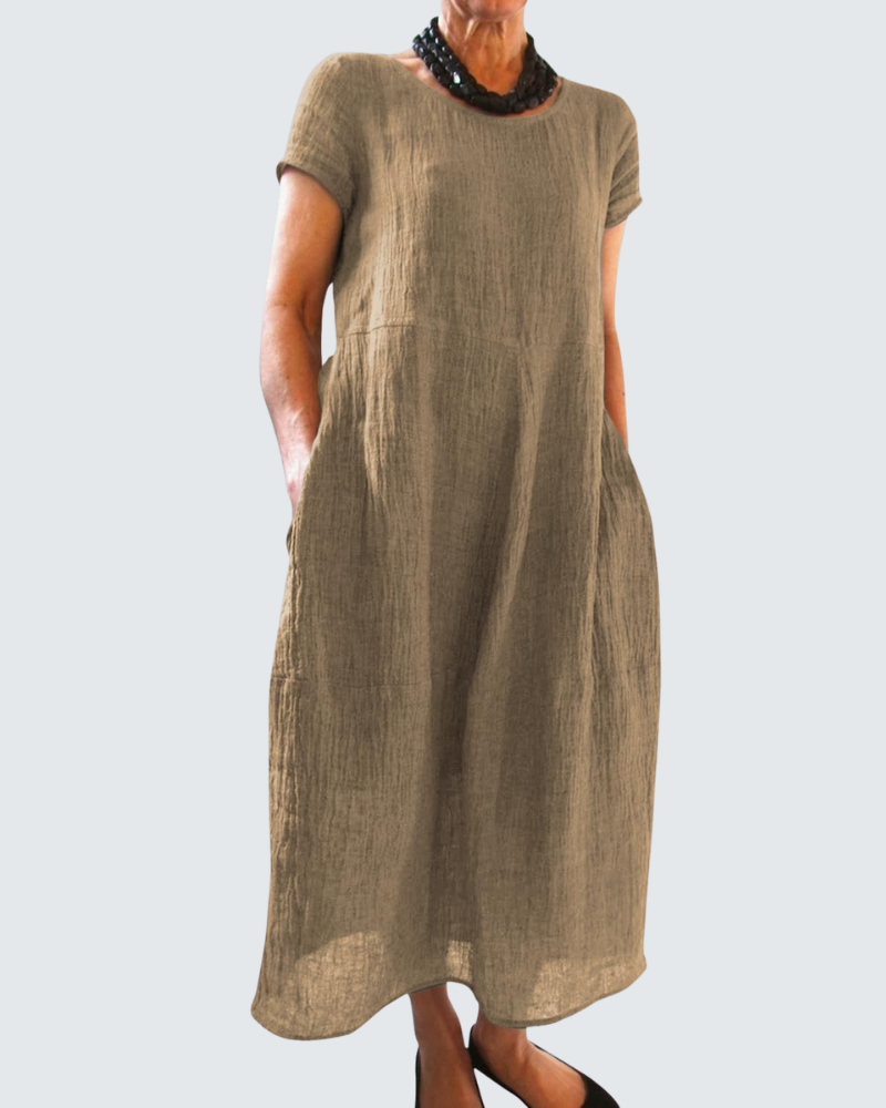 Nora Abito Lungo Donna – Vestito Estivo Boho con Girocollo, Maniche Corte e Tasche