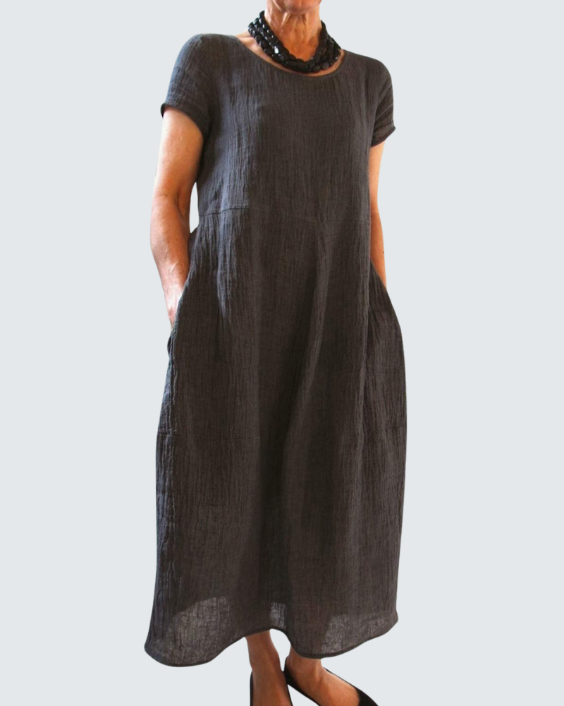 Nora Abito Lungo Donna – Vestito Estivo Boho con Girocollo, Maniche Corte e Tasche