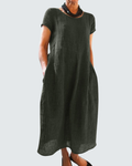 Nora Robe Longue Femme – Robe d'Été Bohème avec Col Rond, Manches Courtes et Poches