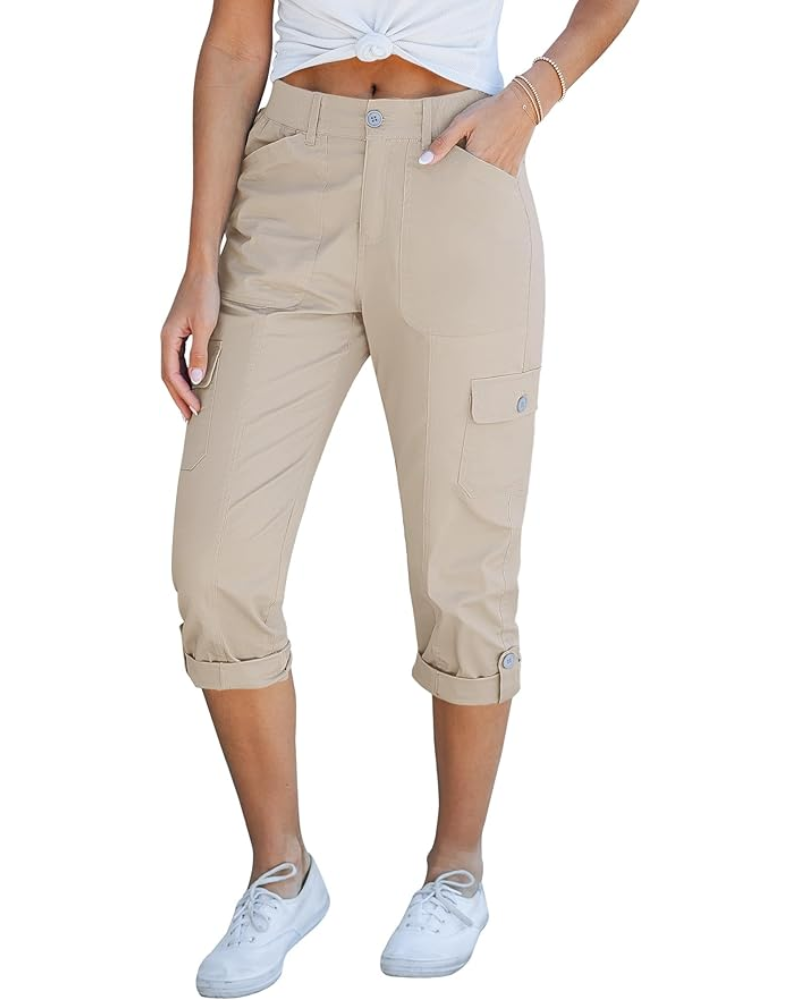 Julia pantaloni cargo capri pentru femei – talie înaltă, 6 buzunare și tiv rulat