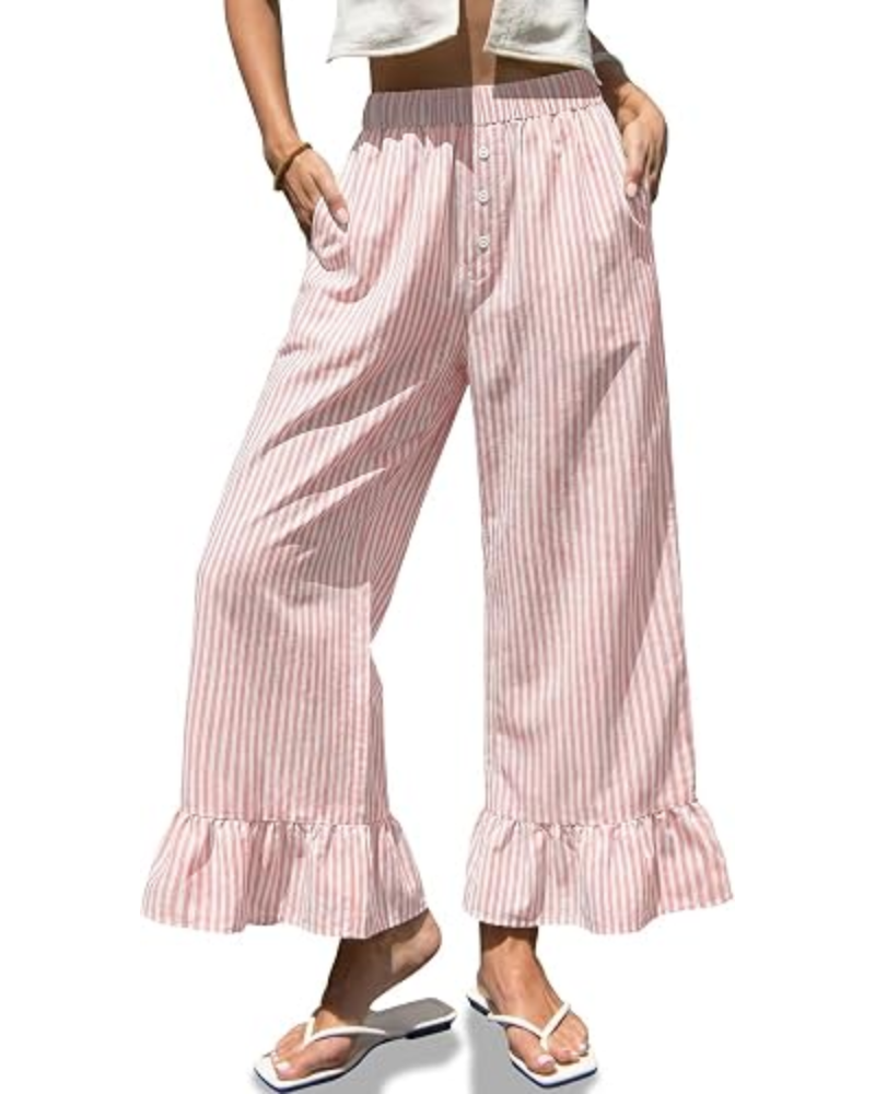 Grace dámské kalhoty Gingham – široké nohavice, volánový lem a elastický pas