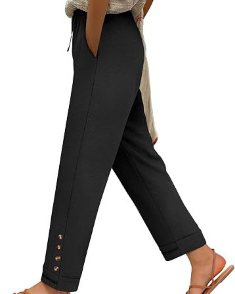 Hazel Damen-Caprihose – Weiches Polyester, Kordelzug und Saum mit Knöpfen