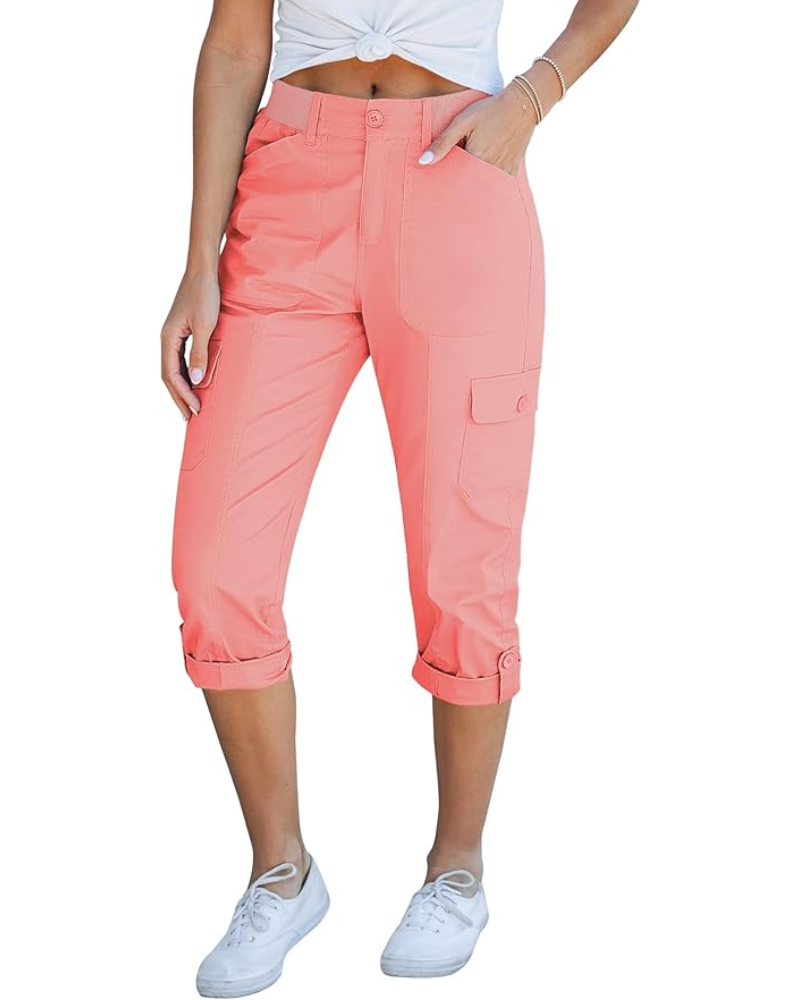 Julia pantaloni cargo capri pentru femei – talie înaltă, 6 buzunare și tiv rulat