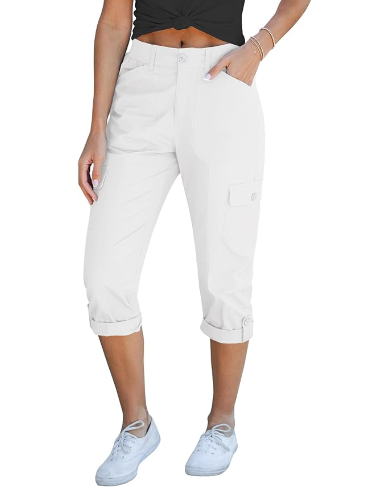 Julia pantaloni cargo capri pentru femei – talie înaltă, 6 buzunare și tiv rulat