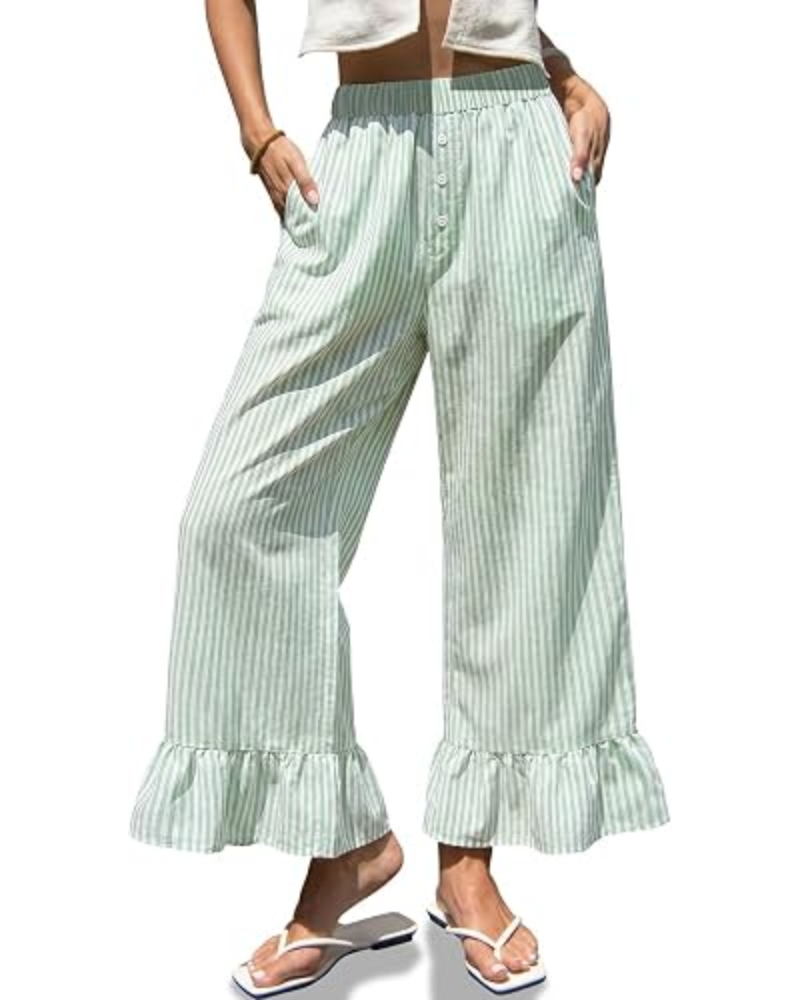 Grace Γυναικεία Παντελόνια Gingham – Φαρδιά Γραμμή, Βολάν στο Τελείωμα & Ελαστική Μέση