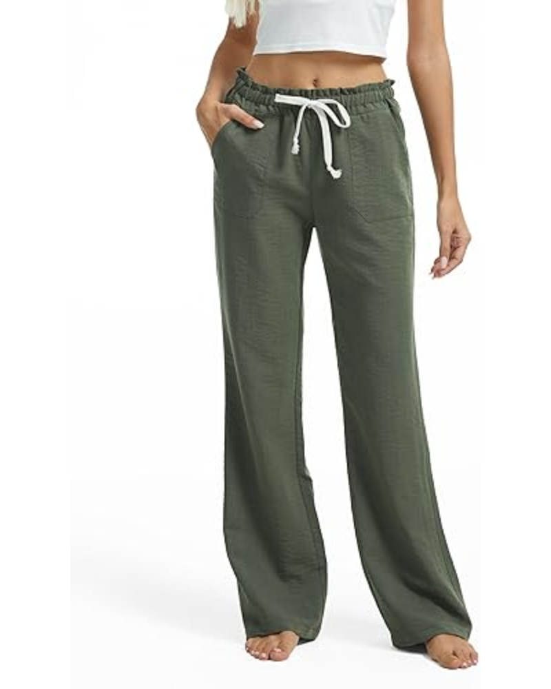 Pantaloni de damă Sarah din in Tall – Talie cu elastic, croială evazată și buzunare