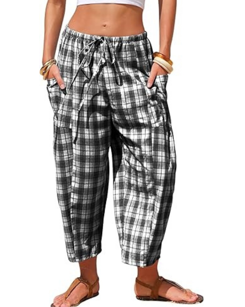 Pantalony damskie w kratę gingham – rybaczki harem, troczek i głębokie kieszenie