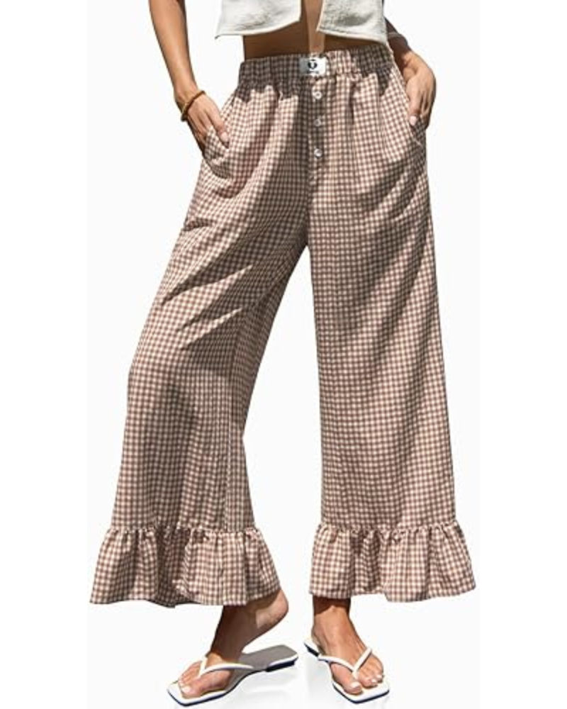 Grace Γυναικεία Παντελόνια Gingham – Φαρδιά Γραμμή, Βολάν στο Τελείωμα & Ελαστική Μέση