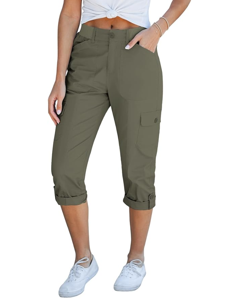 Julia pantaloni cargo capri pentru femei – talie înaltă, 6 buzunare și tiv rulat