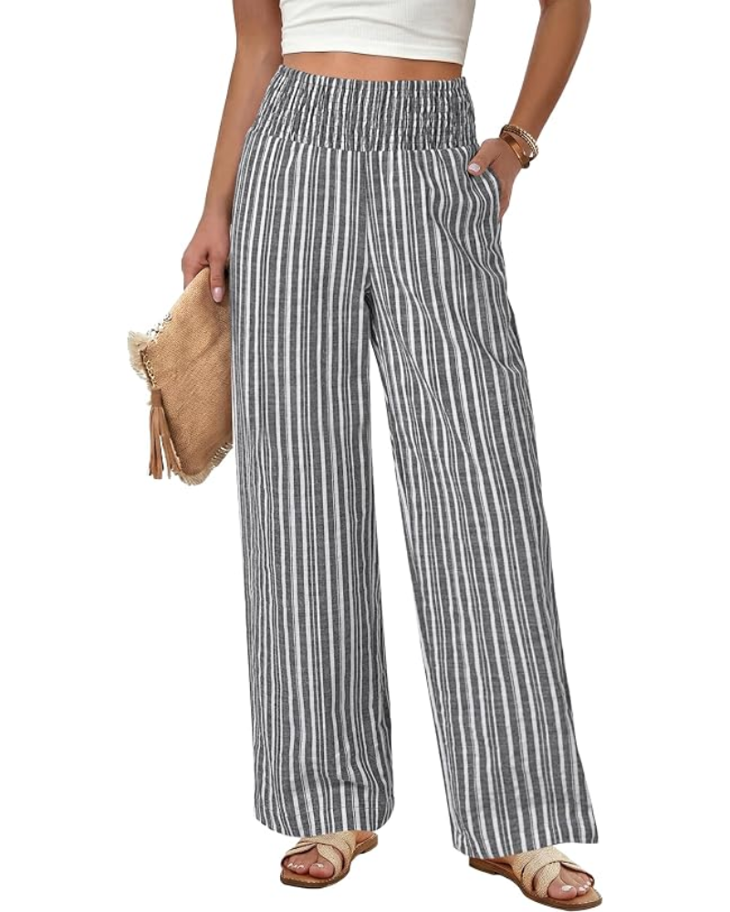 Claire Pantaloni Donna Lino – Righe Verticali, Vita Smock & Tasche Laterali