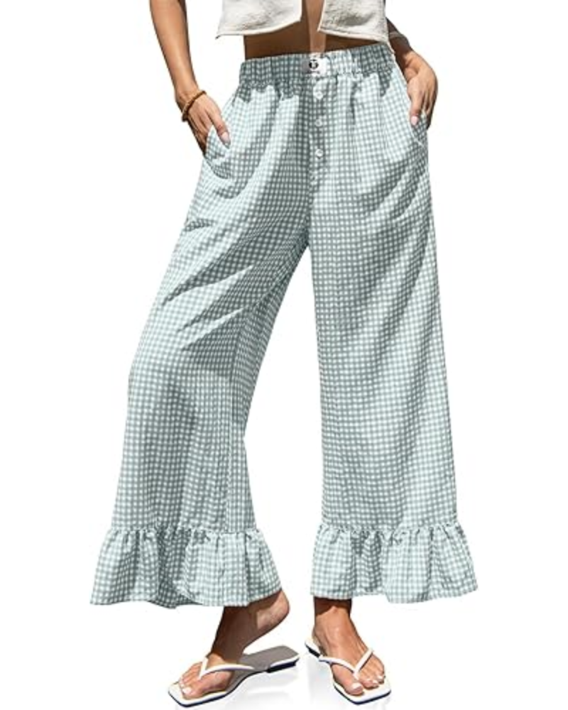 Grace Γυναικεία Παντελόνια Gingham – Φαρδιά Γραμμή, Βολάν στο Τελείωμα & Ελαστική Μέση