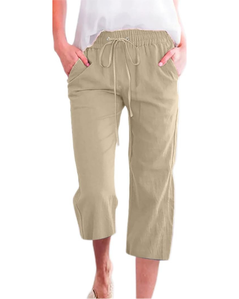 Megan Pantaloni de damă Capri – In, talie înaltă, șnur de strângere și buzunare