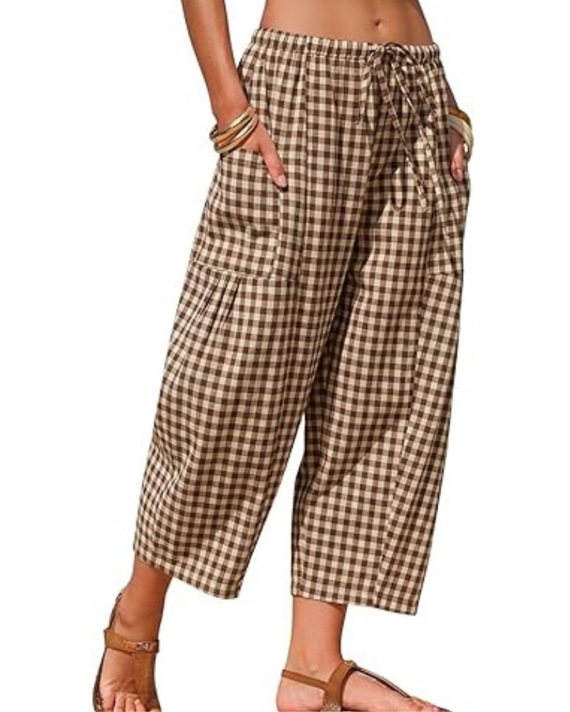 Pantalony damskie w kratę gingham – rybaczki harem, troczek i głębokie kieszenie