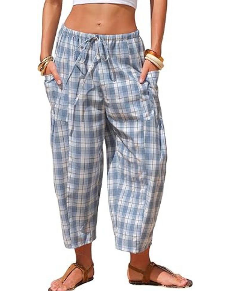 Pantalony damskie w kratę gingham – rybaczki harem, troczek i głębokie kieszenie