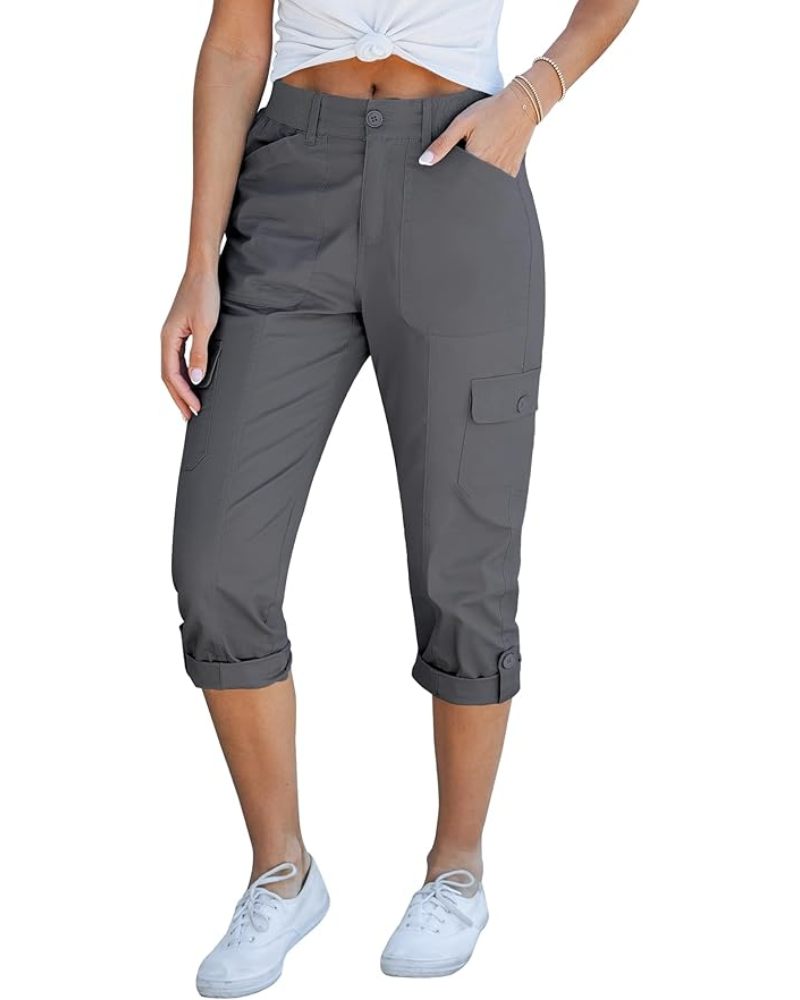 Julia pantaloni cargo capri pentru femei – talie înaltă, 6 buzunare și tiv rulat