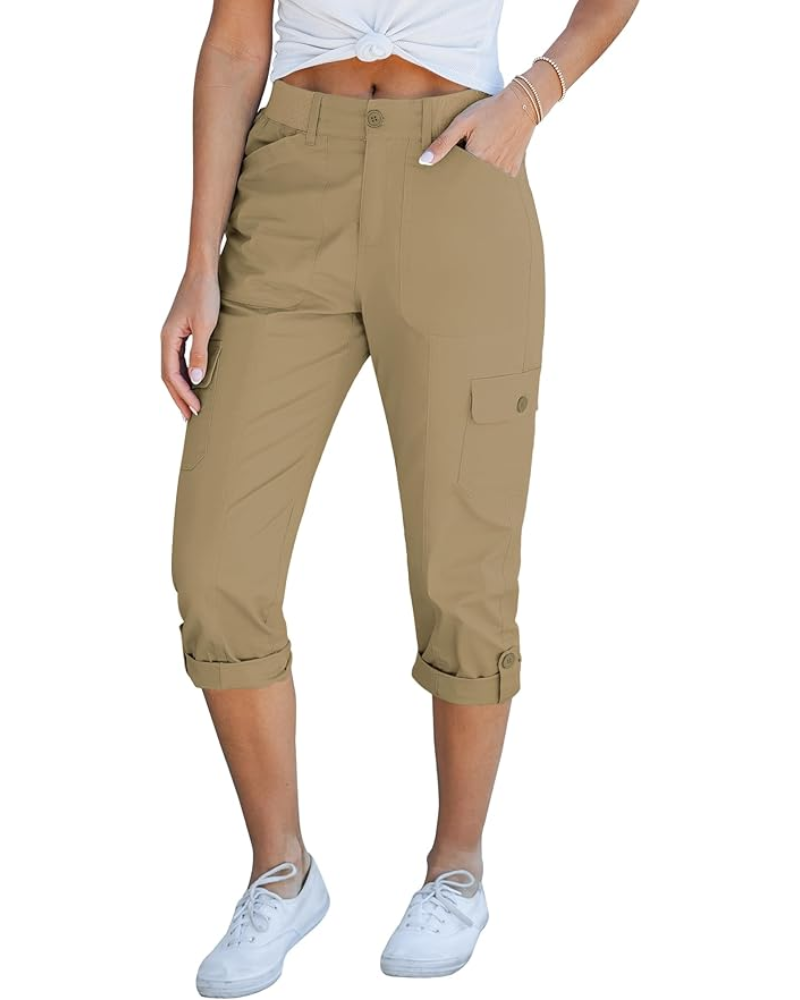 Julia pantaloni cargo capri pentru femei – talie înaltă, 6 buzunare și tiv rulat