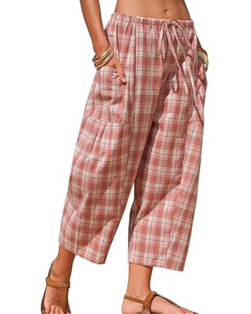 Pantalony damskie w kratę gingham – rybaczki harem, troczek i głębokie kieszenie