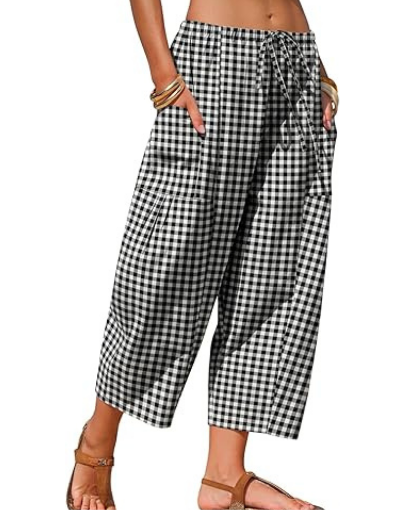 Pantalony damskie w kratę gingham – rybaczki harem, troczek i głębokie kieszenie