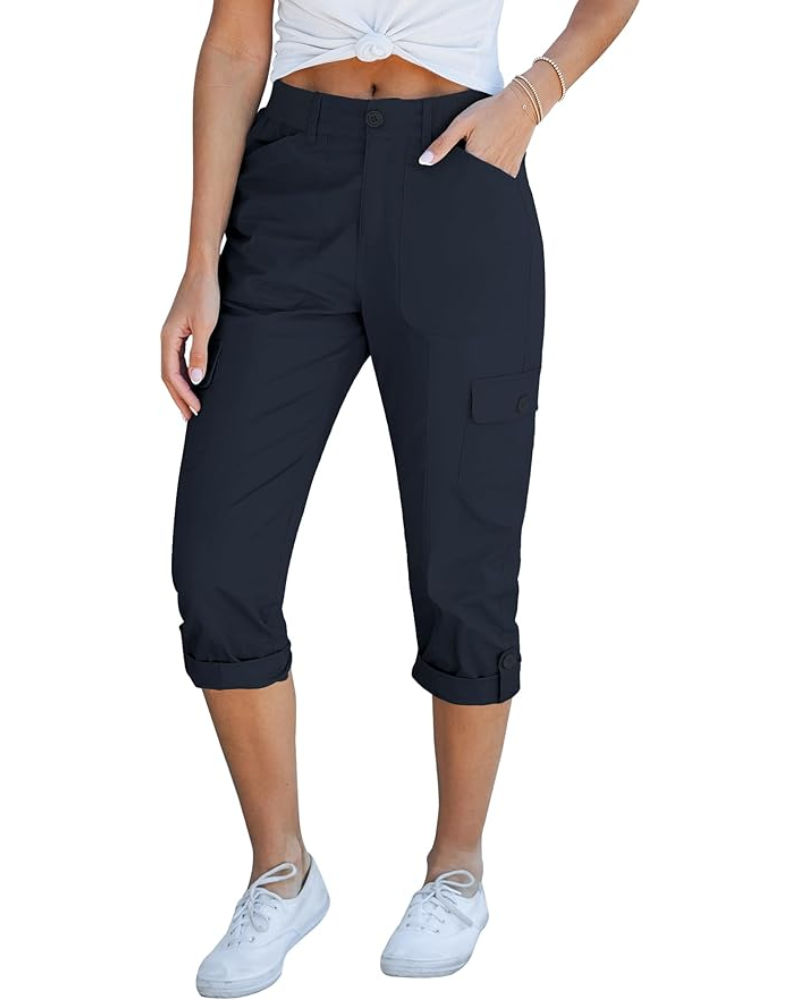 Julia pantaloni cargo capri pentru femei – talie înaltă, 6 buzunare și tiv rulat