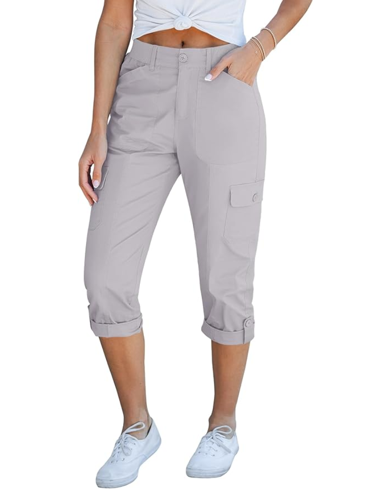 Julia pantaloni cargo capri pentru femei – talie înaltă, 6 buzunare și tiv rulat