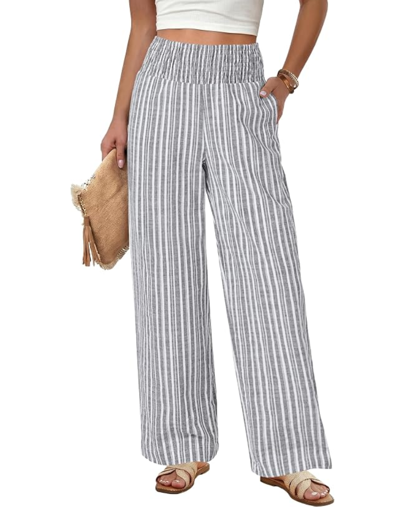 Claire Pantaloni Donna Lino – Righe Verticali, Vita Smock & Tasche Laterali