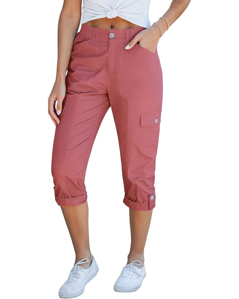 Julia pantaloni cargo capri pentru femei – talie înaltă, 6 buzunare și tiv rulat