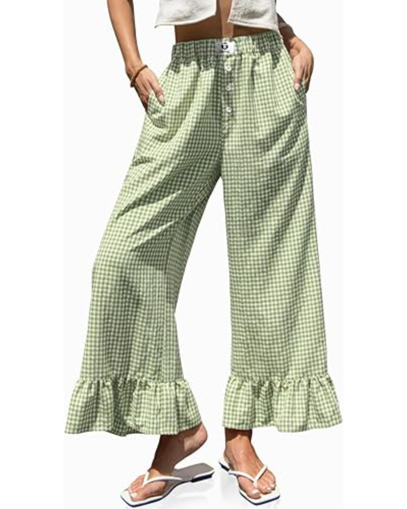 Grace dámské kalhoty Gingham – široké nohavice, volánový lem a elastický pas