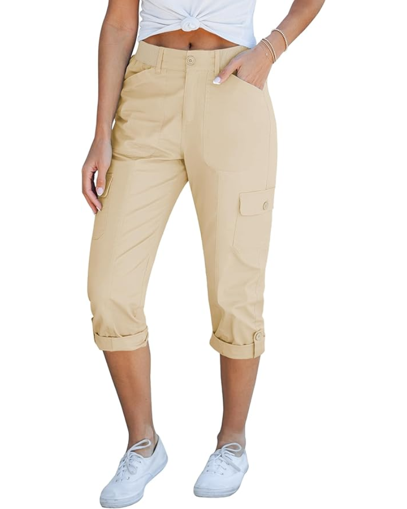 Julia pantaloni cargo capri pentru femei – talie înaltă, 6 buzunare și tiv rulat