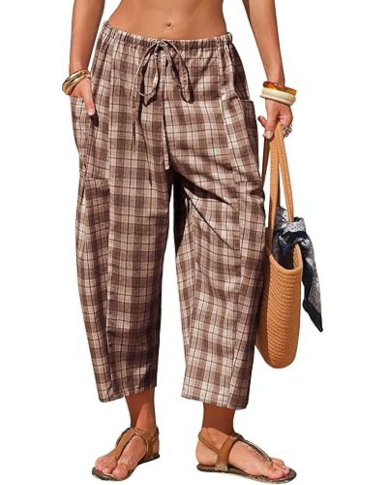 Γυναικείο καρό παντελόνι Gingham – Κάπρι χαρεμιού, κορδόνι ρύθμισης και βαθιές τσέπες