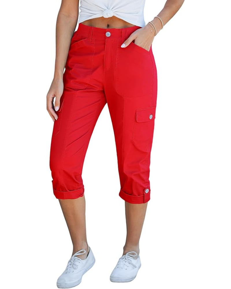 Julia pantaloni cargo capri pentru femei – talie înaltă, 6 buzunare și tiv rulat