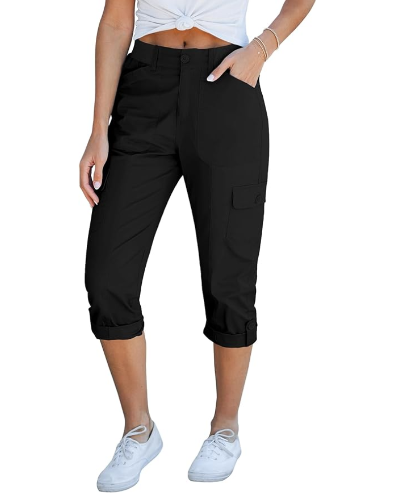 Julia pantaloni cargo capri pentru femei – talie înaltă, 6 buzunare și tiv rulat