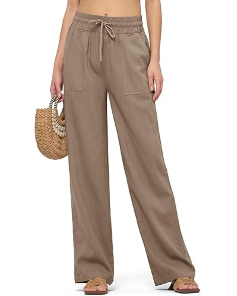 Dámské kalhoty Emma z lnu – široké nohavice, stahovací šňůrka a praktické kapsy