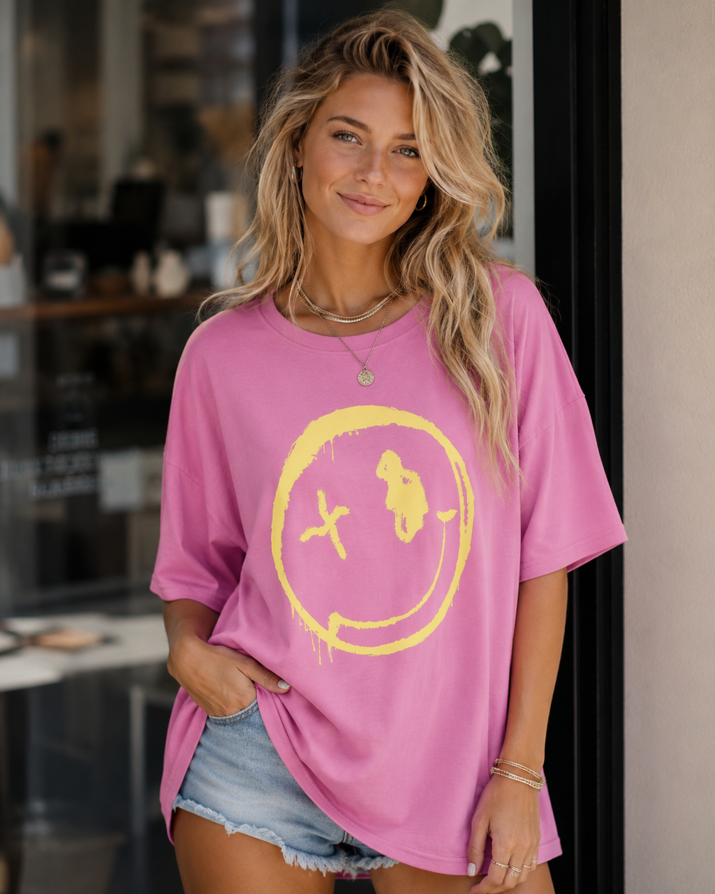 Dámske tričko Darcy – oversize tričko Good Vibes s potlačou smajlíka a krátkymi rukávmi