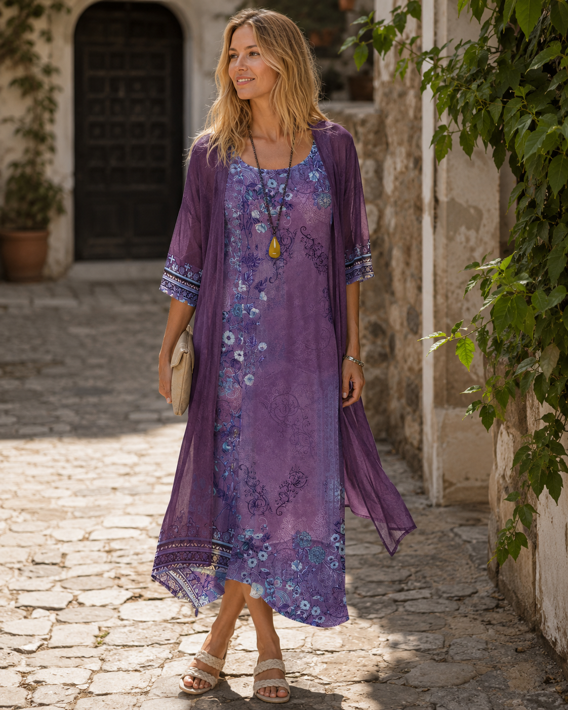 Beverly Completo Donna 2 Pezzi – Abito Midi Floreale con Cardigan in Tulle