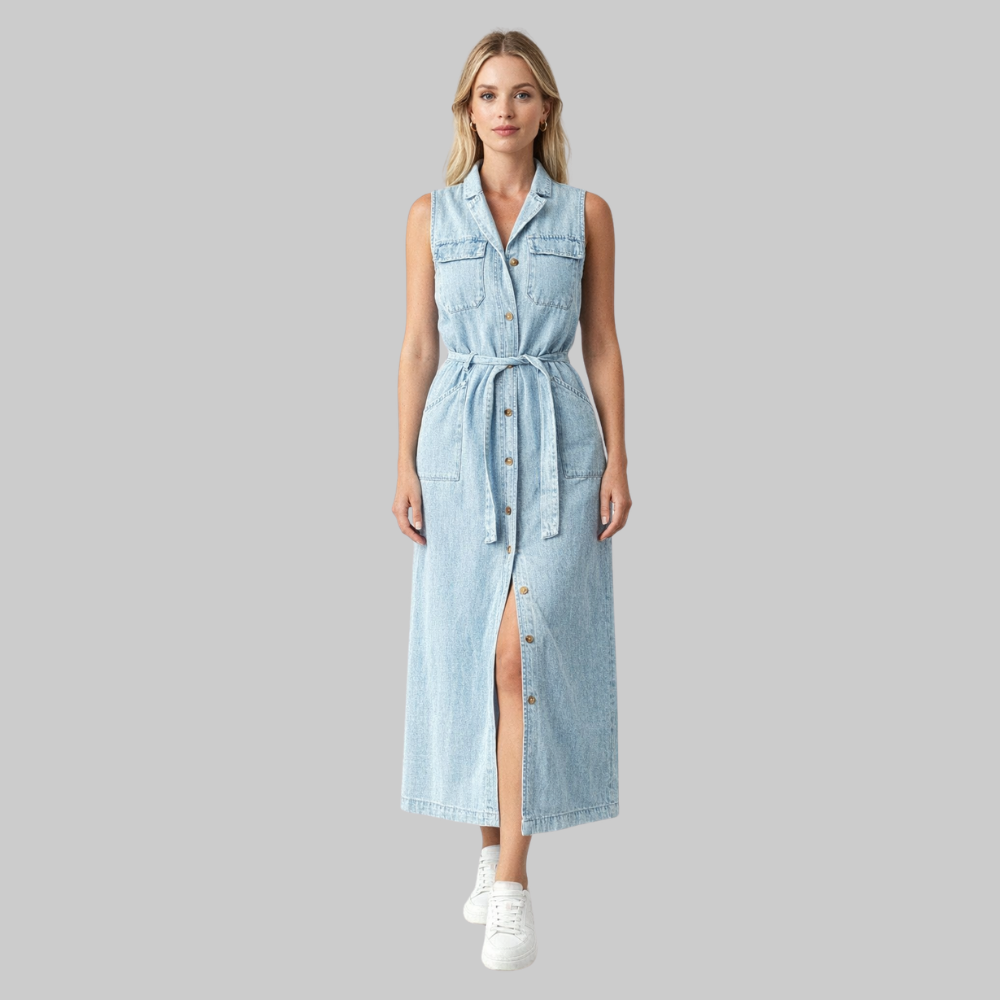 Rosalie Robe Femme Denim – Robe d'Été Sans Manches avec Boutons Casual Chic